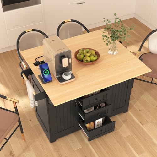 55.7'' Large Kitchen Island with 2 Drop Leaves, Rolling Kitchen Cart on 5 Wheels with Power Outlet