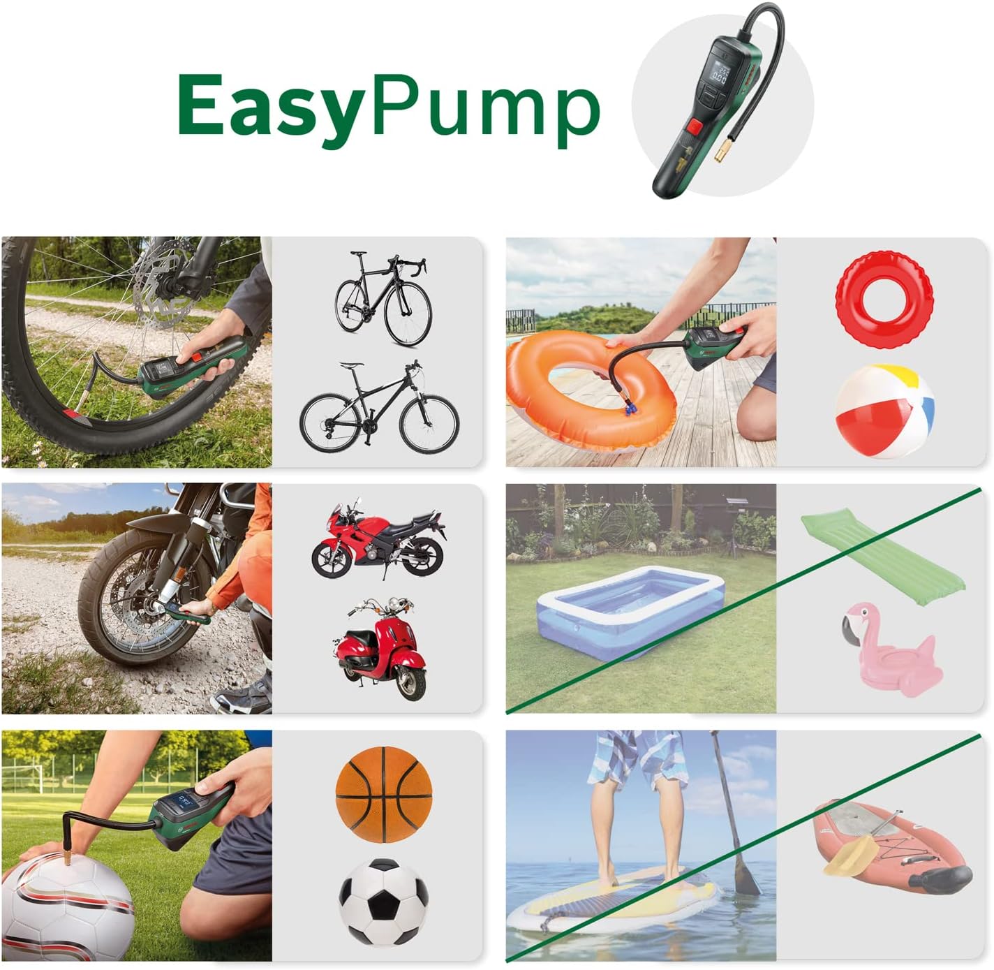 Bosch Home and Garden Electric Air Pump Mini Compressor EasyPump (3.0 Ah battery, 3.6 Volt, 150 PSI, 10.3 bar, LED, in carton packaging)