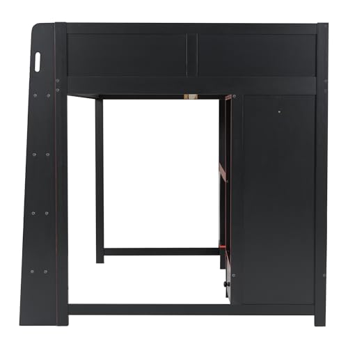 Modern Full Size Gaming Loft Bed with Built-in Desk and Storage Wardrobe, Wood Loft Bed Frame with Light Strip and 2 Drawers