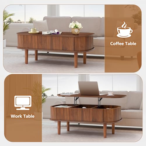 Fluted Lift Top Coffee Table with Hidden Compartment, Fully Assembled Wooden Center Table, Modern Oval Lift Tabletop for Home Living Room Office