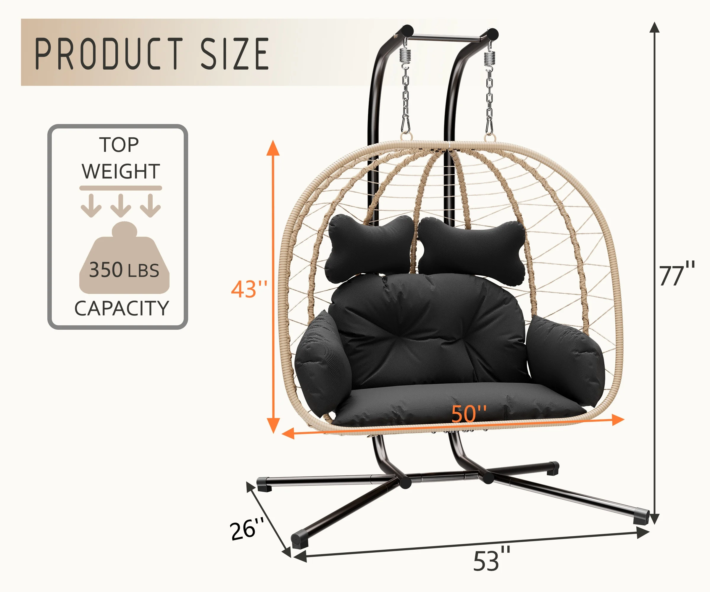 Esmlada Double Wicker Swing Egg Chair Hammock Foldable Hanging Loveseat with Stand, UV Resistant Removable Cushions, 700LBS Capacity for Bedroom