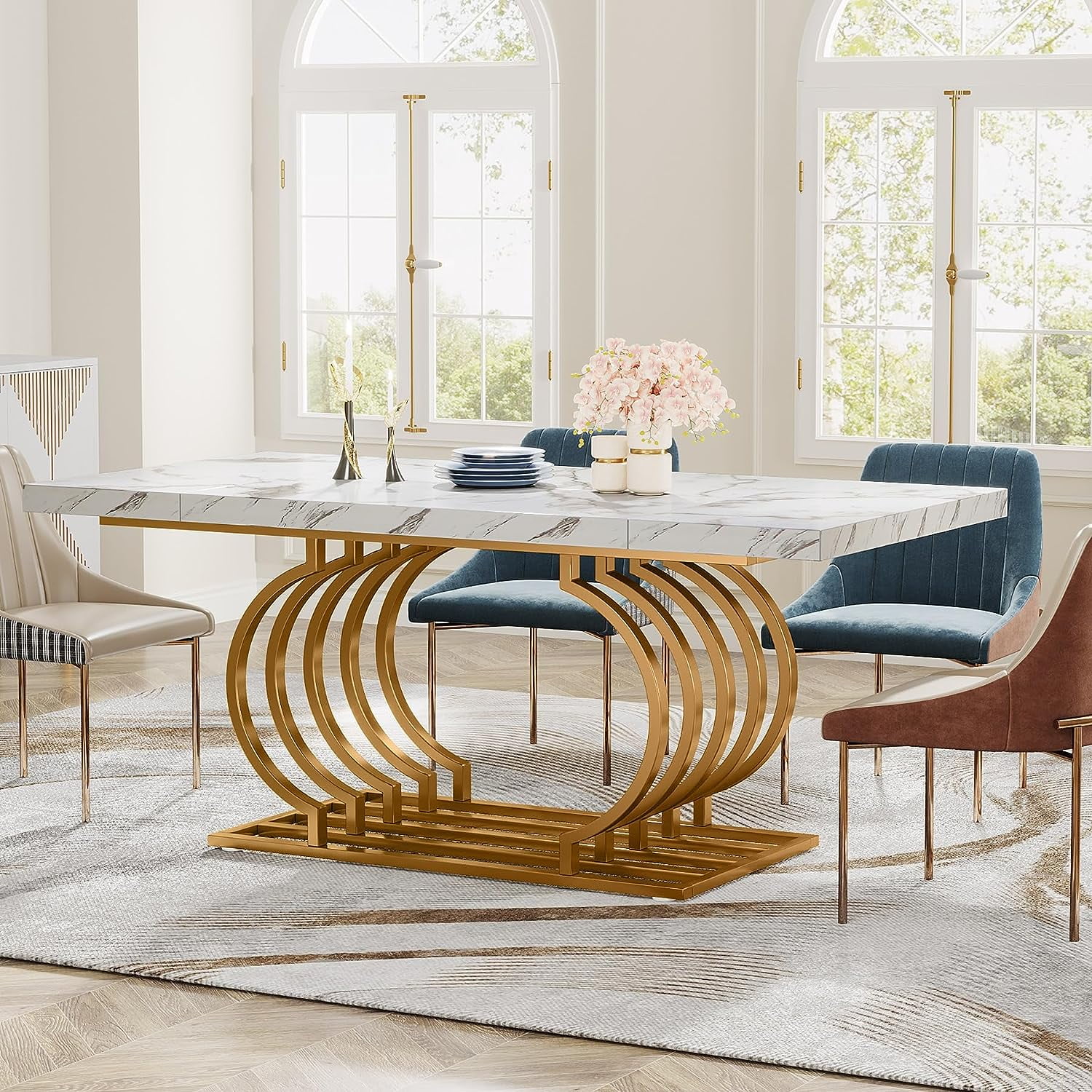 Tribesigns 63 inch Gold Dining Table, Rectangular Elegant Dinner Room Table Kitchen Table for 6-8 People Seats,Living Room, White & Gold