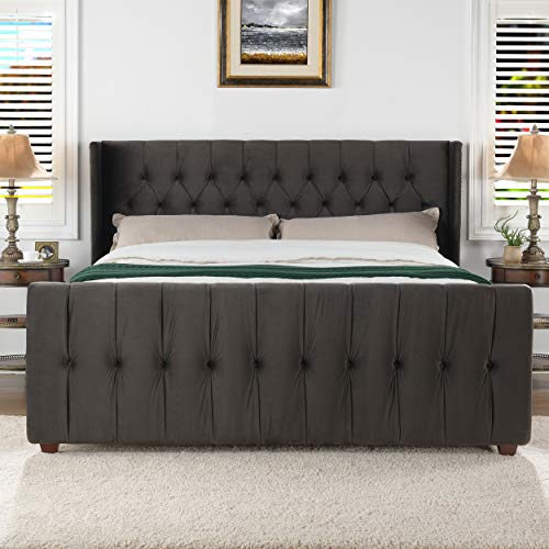 Jennifer Taylor Home David Collection Modern Upholstered Queen Size Size Bed Frame, Hand Tufted and Nailhead Trim, Silver Gray
