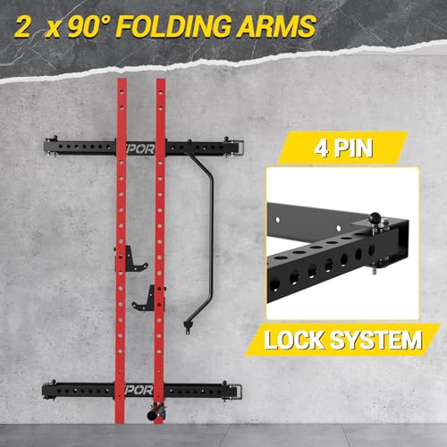 Folding Squat Rack for Home Gym, 2.36" x 2.36" Folding Power Rack with Pull Up Bar, J Hooks and Landmine Attachments