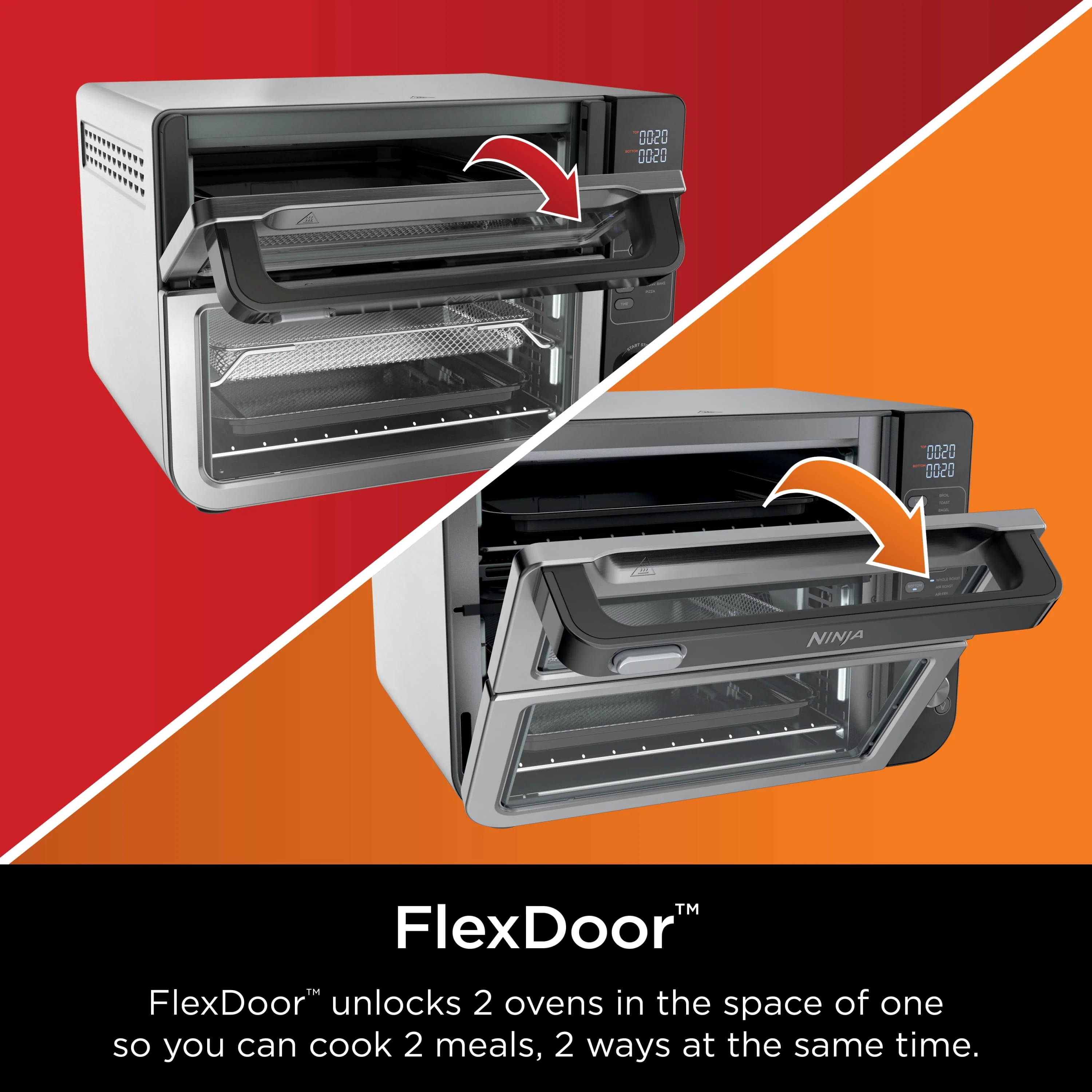 Ninja 10-in-1 Double Oven with FlexDoor, Rapid Top Oven, Convection and Air Fry Bottom Oven, Stainless Steel, DCT400