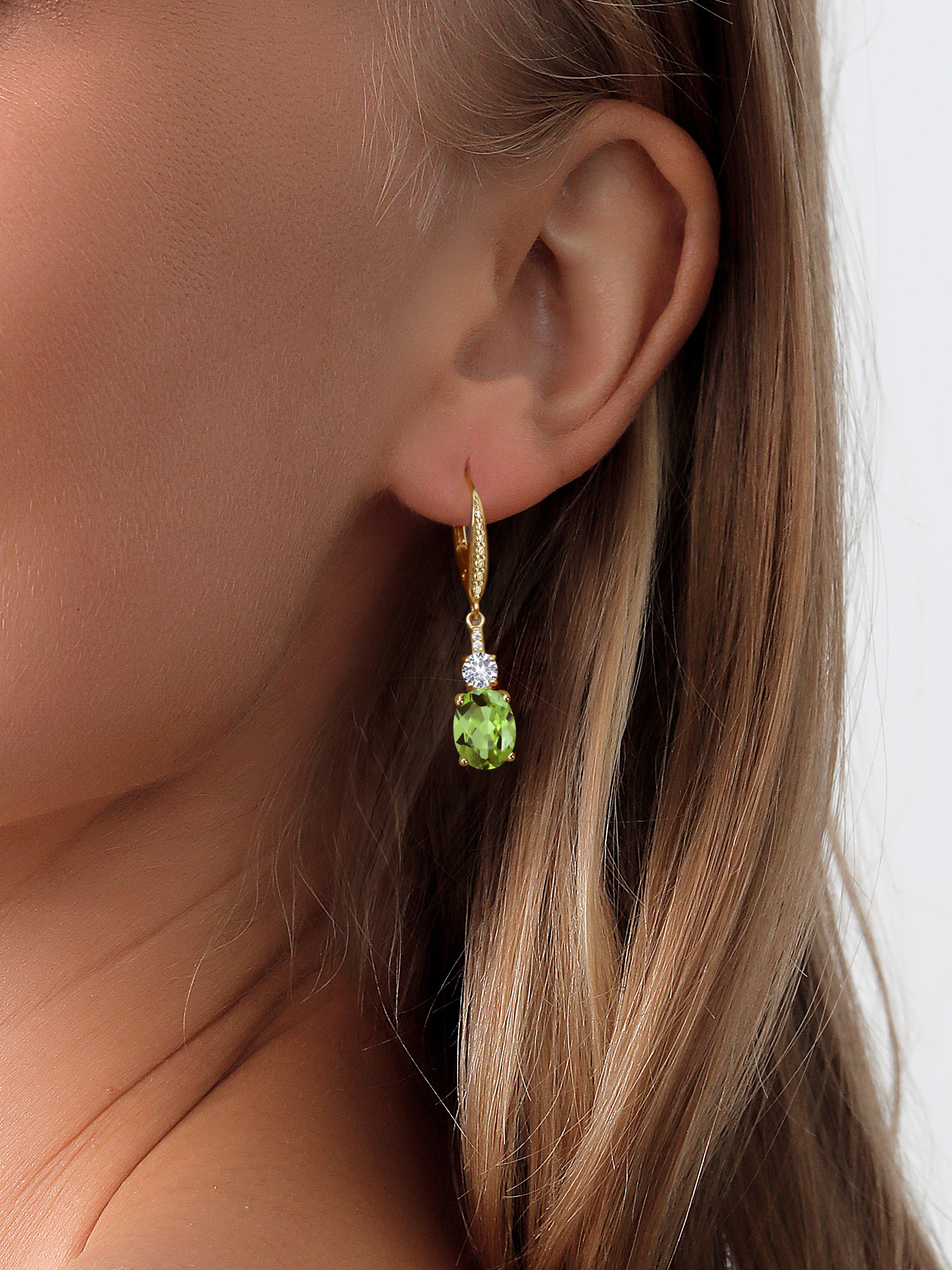 Gem Stone King 18K Yellow Gold Plated Silver Green Peridot and White Created Sapphire Dangle Earrings for Women with Lab Grown Diamond (4.73 Cttw