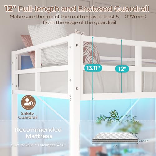 DICTAC Loft Bed Twin Size with Ladder and Guardrail,Metal Twin Loft Bed with Led Lights,Small Space Saving Furniture Design for Bedroom