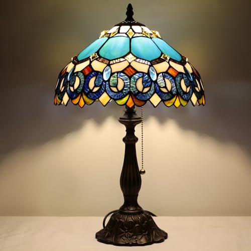Tiffany Table Lamp Stained Glass Lamp 12X12X19 Inch Antique Reading Light (Sea Blue Pear)