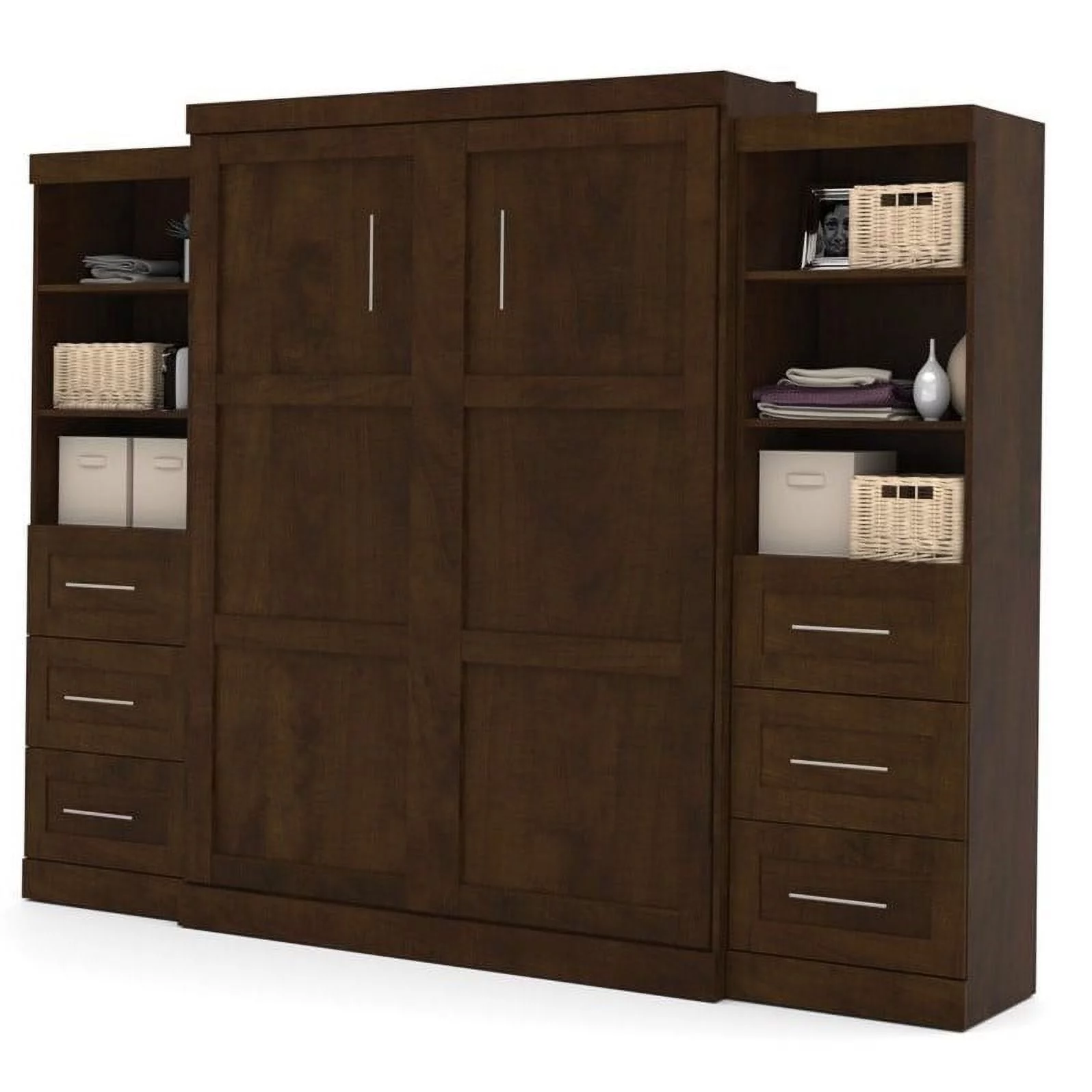 Atlin Designs 115" Queen Wall Bed with Storage and 3 Drawer Set in Chocolate