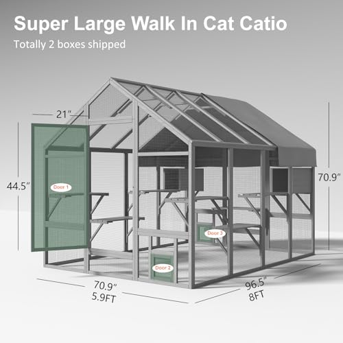 Cat Catio, Large Catio Outdoor Cat Enclosure for Multiple Cats with 7 Platforms, 2 Resting Box and 2 Bridges