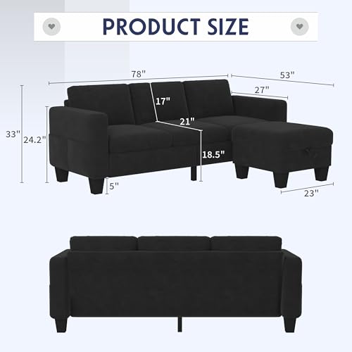 Convertible Sectional Sofa Couch Beige 3Seat L-Shaped Sectional Sofa Couch with Storage Ottoman and Pockets