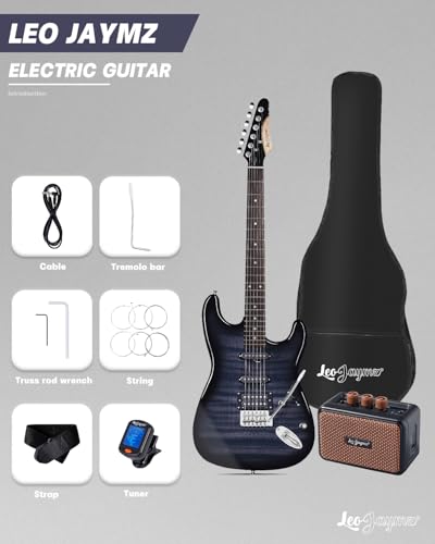 Leo Jaymz 39" Full Size ST Style Electric Guitar Starter Kit with SSH Pickup, 5W Portable Amp, Tuner, Gig Bag, Strap & Accessories (Violet Ocean)