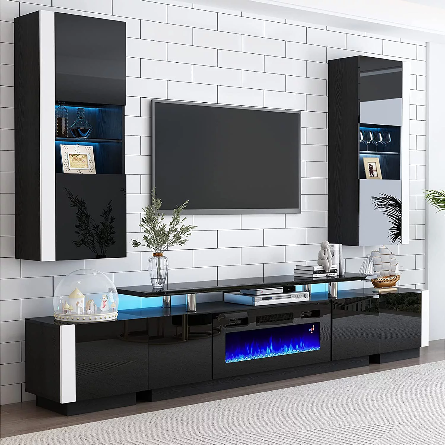 Amerlife Fireplace TV Stand with 36" Fireplace, 70" Modern High Gloss Entertainment Center LED Lights, 2 Tier TV Console Cabinet for TVs Up to 80"