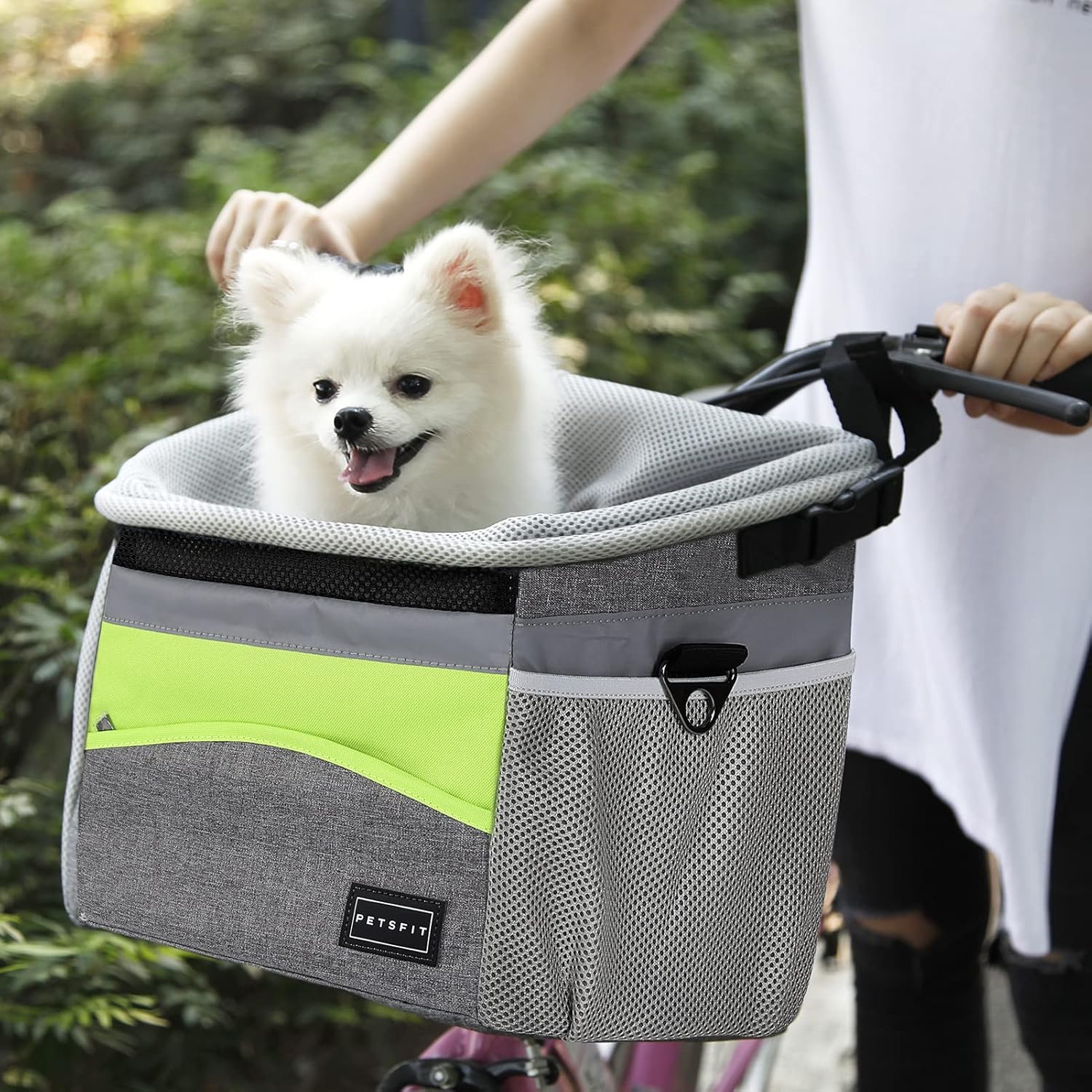 Petsfit Dog Bike Basket, Dog Booster Car Seat, Dog Car Seat for Small Dogs/Cats/Puppies with Safety Rope/Reflective Strips/Two side storage pockets