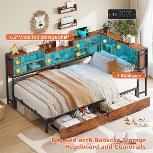 DICTAC Corner Twin Bed Frame with Bookcase Storage and Led Lights Metal Twin Size Platform Beds with Storage and Charging Station Twin Daybed with 2