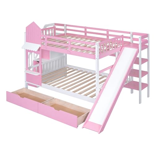 SOFTSEA Twin Over Twin Bunk Bed with Slide and Storage Solid Wood Bunk Bed Frame with Staircase and Drawers, Pink
