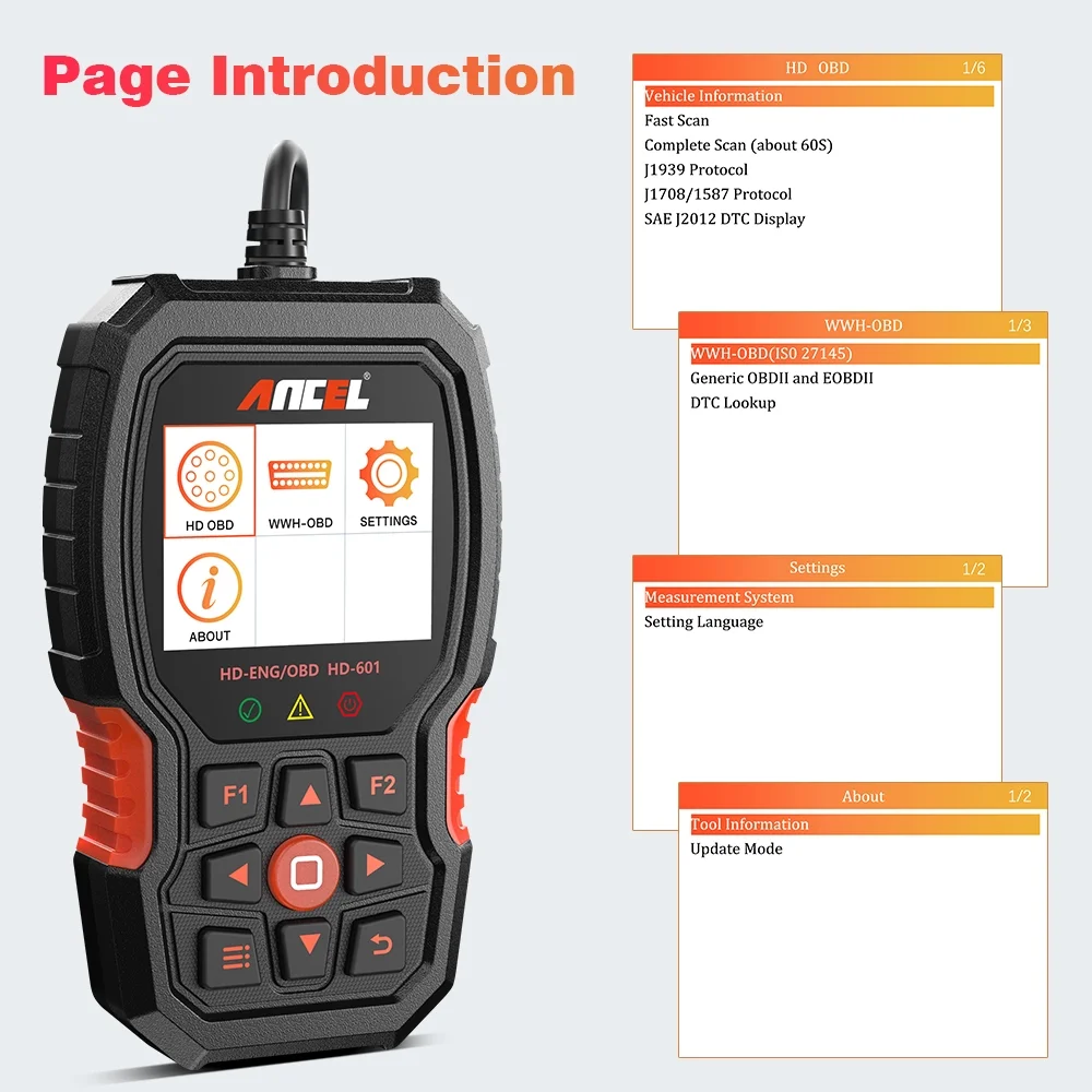Ancel HD601 Heavy Truck Scanner All System Diesel Truck Diagnostic Scan Tool OBD2 Scanner Code Reader for Diesel Heavy Trucks & Cars 2 in 1 Code