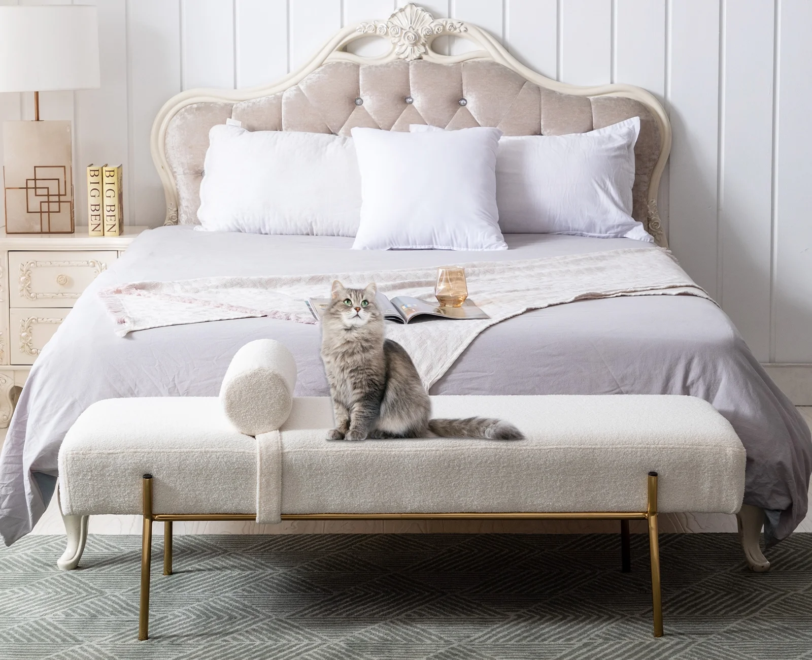 55" White End of Bed Bench, Modern Faux Fur Upholstered Ottoman Bench Seat with Gold Legs