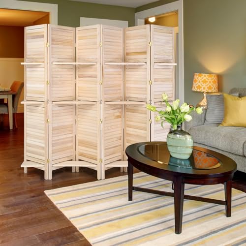 Bonnlo 6 Panels Wood Room Divider with Shelves, 6 FT Height Folding Privacy Screens, Indoor Freestanding Room Partition Wall Divider