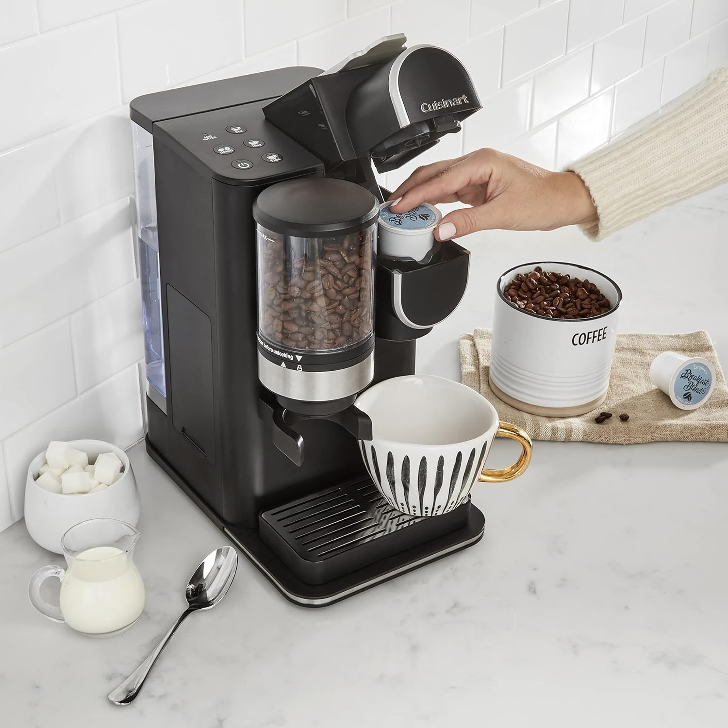 Cuisinart Single Serve Coffee Maker + Reusable Filter Cup, 48 oz Reservoir, Conical Burr Grinder