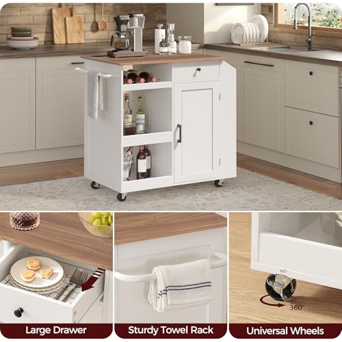 Kitchen Island with Power Outlet, Kitchen Storage Island with Drawer, Rolling Kitchen Cart on Wheels, Spice Rack, Towel Rack, Wine Rack