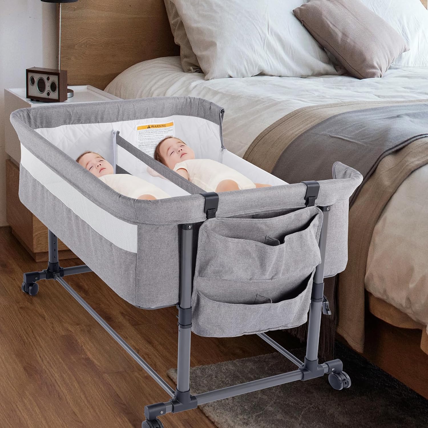 Twin Bassinet for 2 Babies,Adjustable Height Double Crib with Storage Bag and Replaceable Mattress Cover