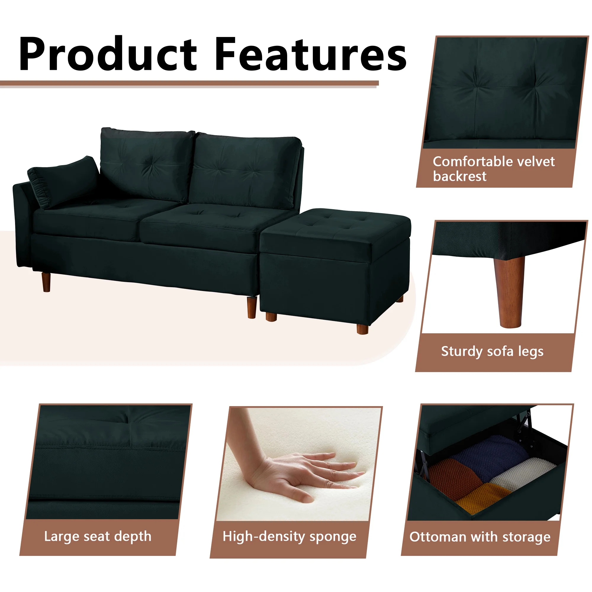 Giratree Free Combination Sectional Sofa and Couch, Velvet Fabric Modern 2-3 Seat Sofa with Storage Ottoman, Black