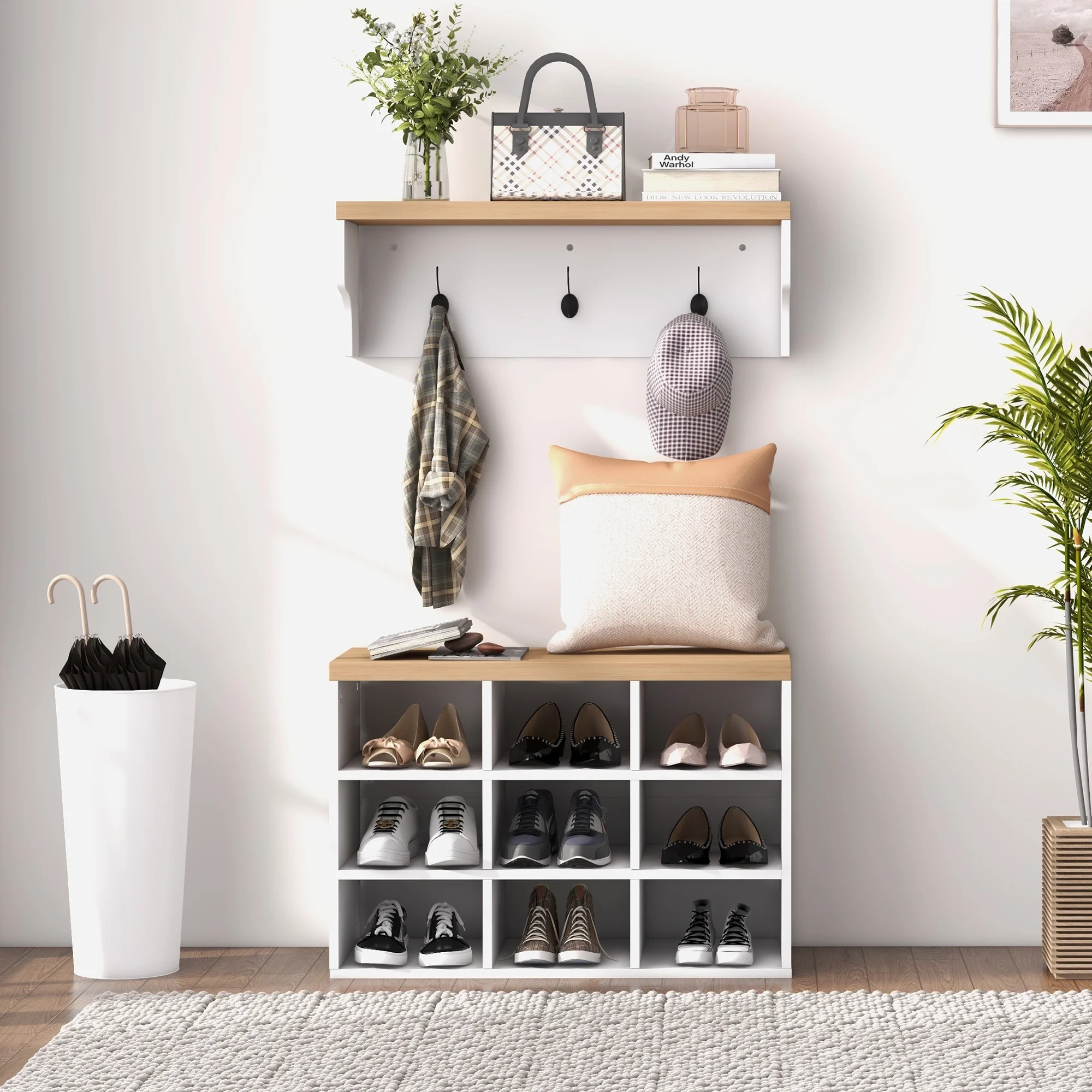 CoSoTower 2-In-1 Coat Rack Shoe Bench Set, 9 Pair Shoe Storage Cabinet Rack with Hall Tree, Modern Entryway, Hallway, Mudroom, Bedroom Organizer