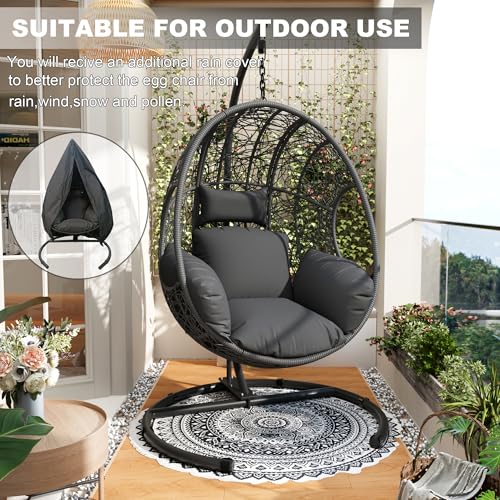 Oversized Hanging Egg Chair Outdoor Indoor, Wicker Swing Egg Chair with Stand 400lbs Capacity for Bedroom, Patio, Garden and Balcony (Beige-nest