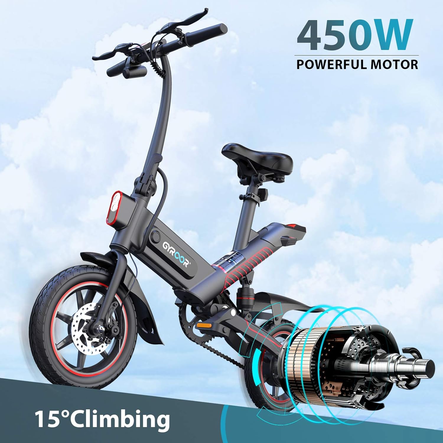 Gyroor C3 Electric Bike for Adults, 450W eBike with 18.6MPH up to 28 Mileage, 14in Air-Filled Tires, Dual Disc Braking, 3 Riding Modes