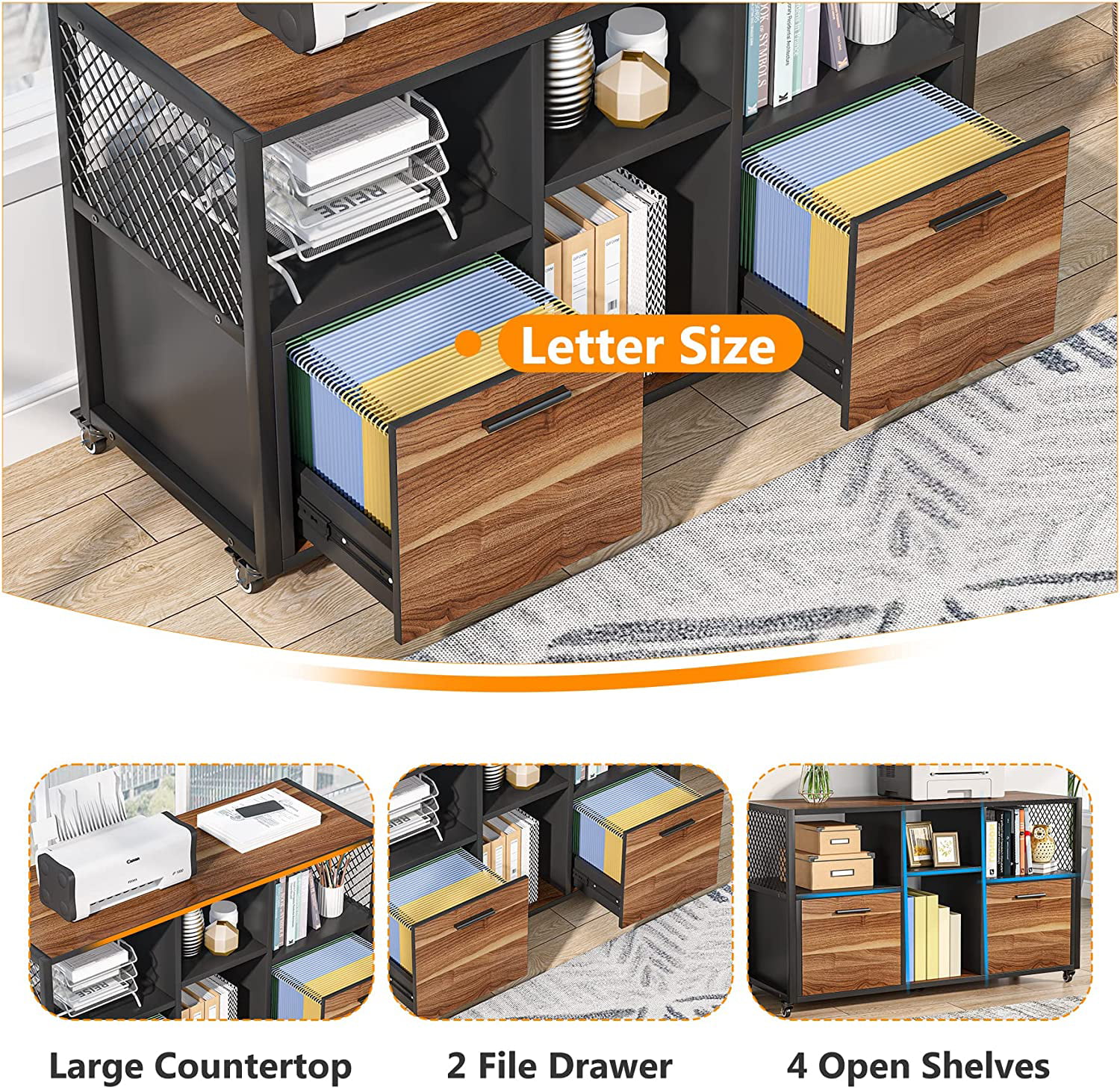 Baiyihang 2 Drawer Wood File Cabinets, Modern Mobile Lateral Filing Cabinet,  Rustic Brown