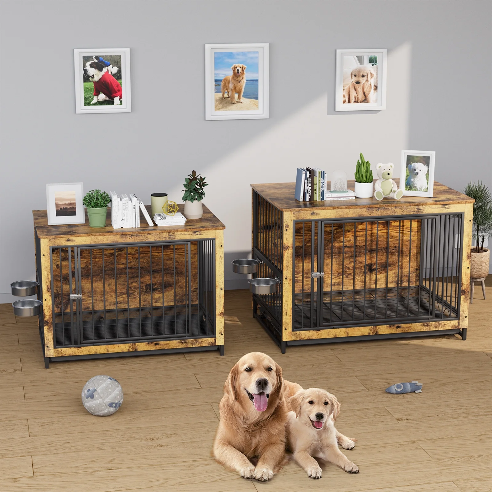 Arlopu 44.1'' Furniture Style Large Dog Crate with 2 Stainless Steel Bowls, Wooden Dog Cage End Table Dog House Heavy Duty Indoor Kennel for Small