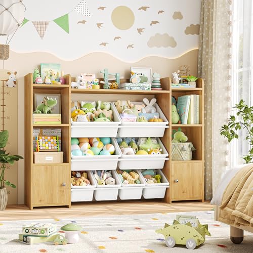 FOTOSOK 55''Large Toy Storage Organizer with 8 Toy Bins, Toy Organizers and Storage with Shelf and 6 Storage Cubbies, Bookshelf for Kids
