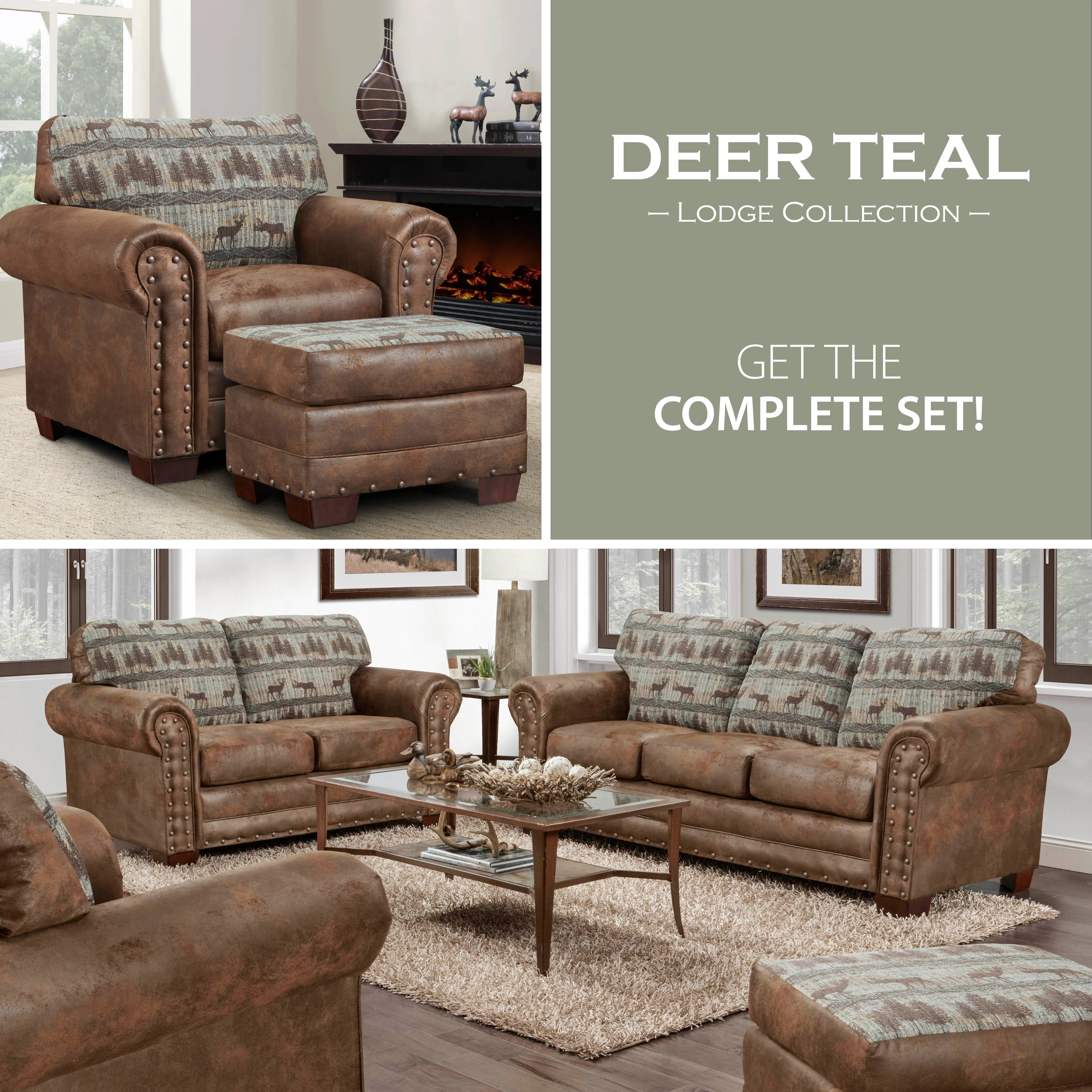 American Furniture Classics Model 8502-90 Deer Teal Lodge Tapestry Loveseat