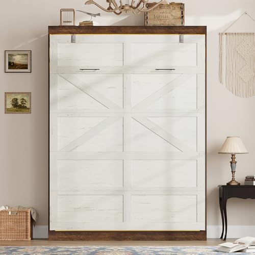 Queen Size Murphy Bed with 2 LED Lights, Farmhouse Wood Hidden Foldable Wall Bed Frame w/Gas Struts, Storage Bed Cabinet for Bedroom, Office