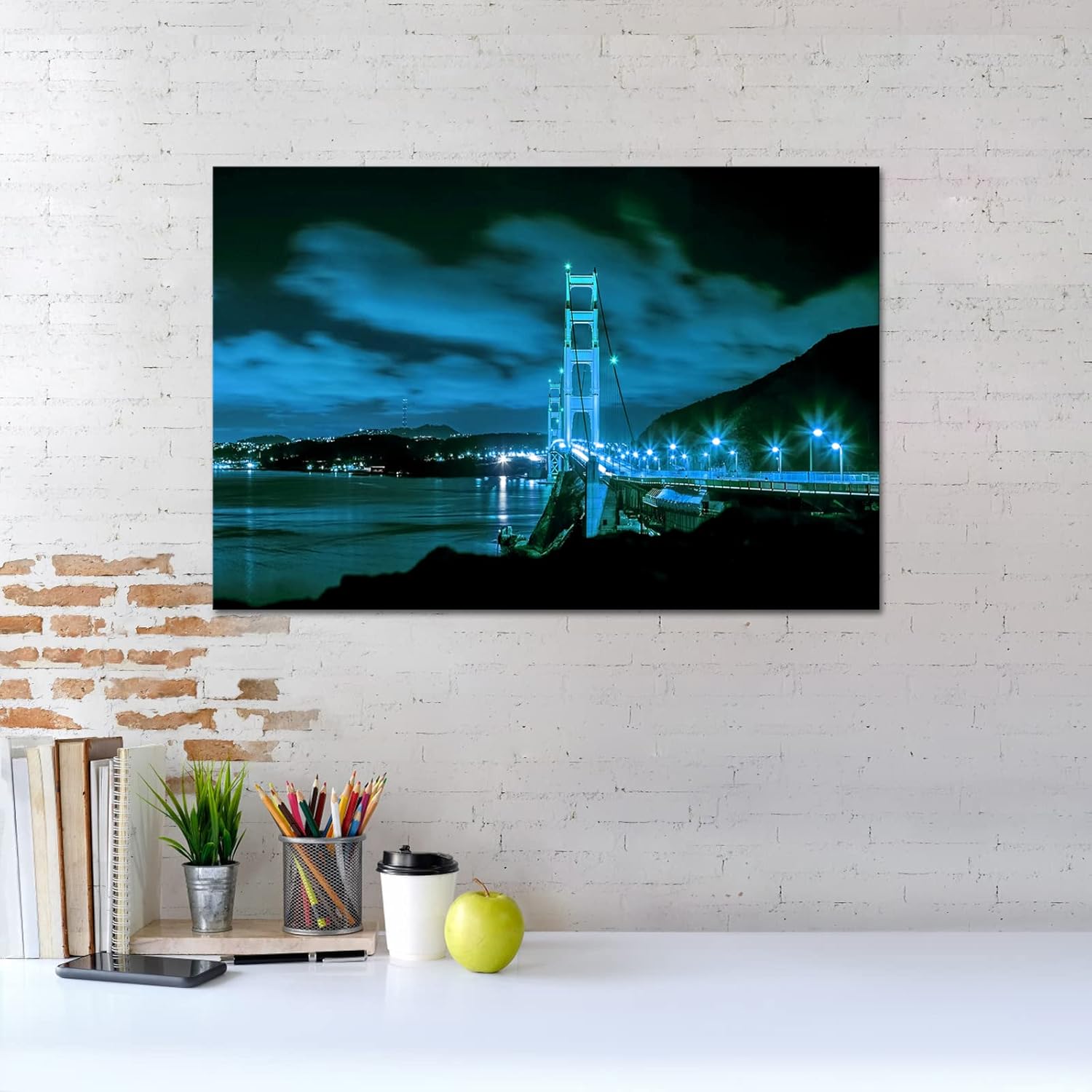 Artsbay Modern Canvas Wall Art Blue Golden Gate Bridge at Night San Francisco Picture California Cityscape Painting Print on Canvas for Bathroom
