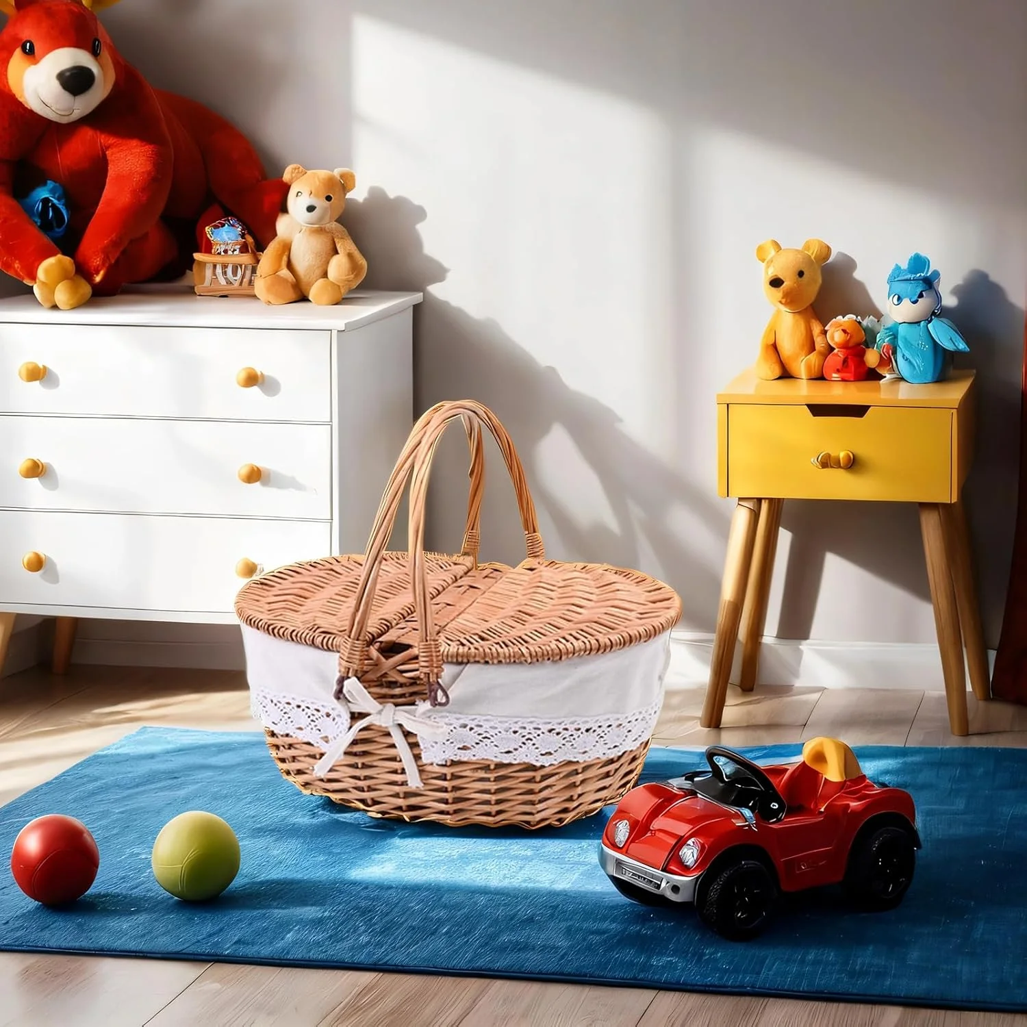 Wicker Picnic Basket with Removable Liner Empty Picnic Baskets with Lid, Picnic Hamper with Foldable Handles for Picnic 2, Natural Color, Large