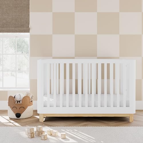 Storkcraft Santos 3-in-1 Convertible Crib (White with Natural) – GREENGUARD Gold Certified, Fits Standard Crib Mattress, Converts to Toddler Bed