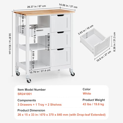 VEVOR Kitchen Island Cart, 26 inch Wood Top Mobile Breakfast Bar, Rolling Kitchen Table with 3 Drawers and Shelves, Portable Islands on Wheels