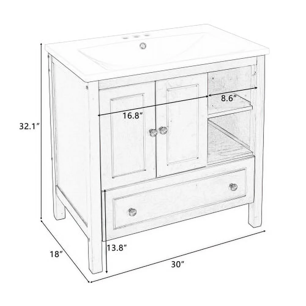 30" Bathroom Vanity with Sink, Bathroom Storage Cabinet with Doors and Drawers, Solid Wood Frame, Ceramic Sink, Grey