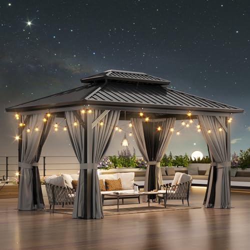 Aoxun 10' X 12' Hardtop Gazebo, Aluminum Metal Outdoor Gazebo with Galvanized Steel Double Roof