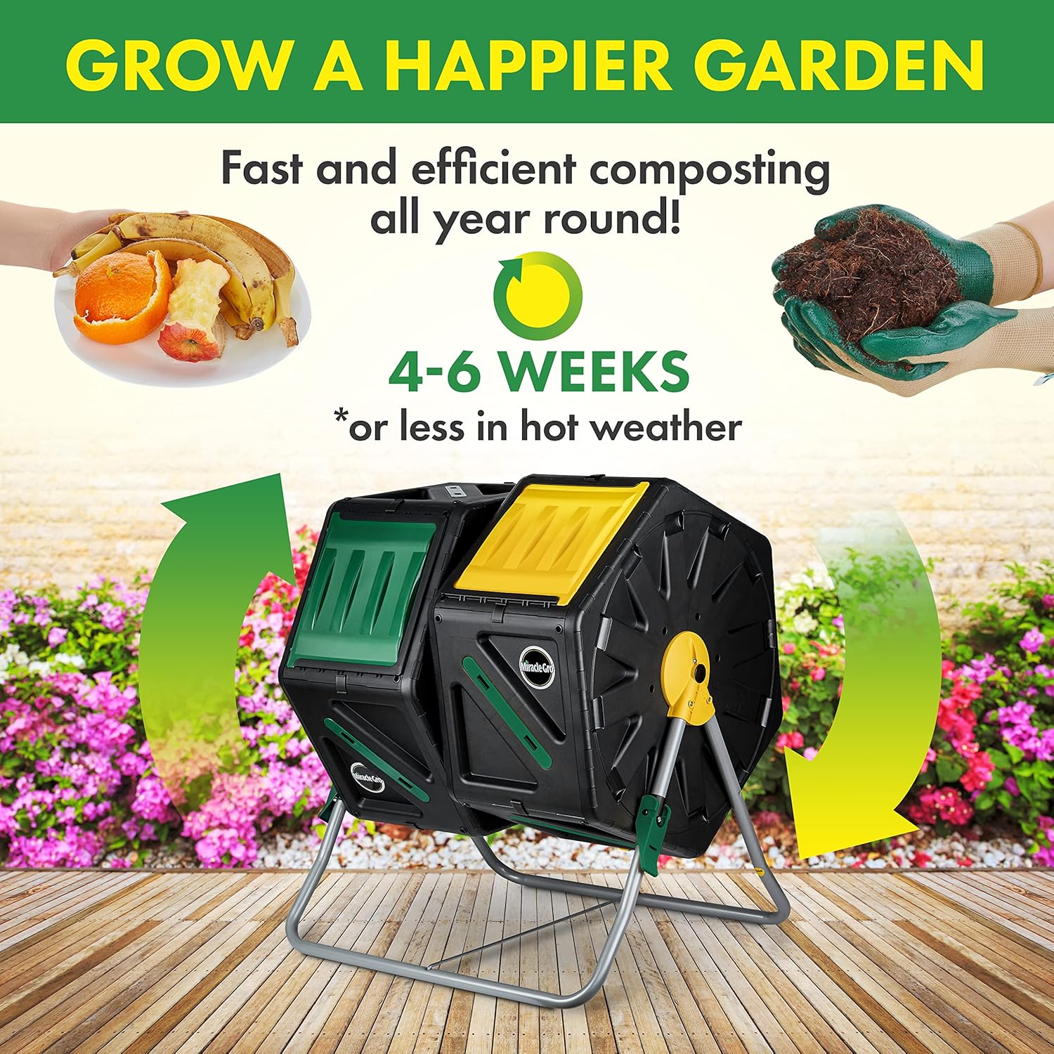 Dual Chamber Compost Tumbler – Easy-Turn, Fast-Working System – All-Season, Heavy-Duty, High Volume Composter with 2 Sliding Doors