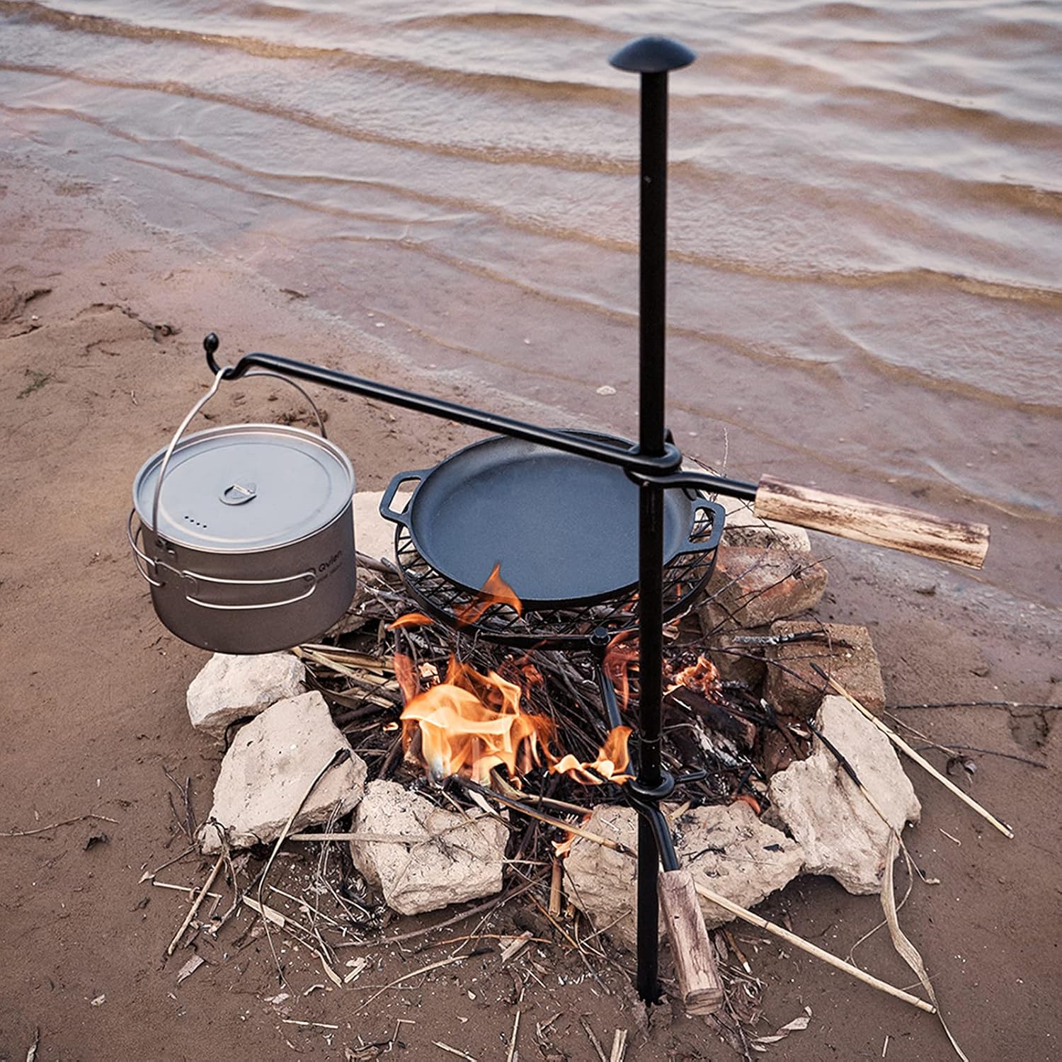HZGAMER Fire Pit Grill, Adjustable Swivel Campfire Grill Heavy Duty BBQ Steel Grate, Over Fire Camping Grill for Outdoor Barbecue Over Open Fire