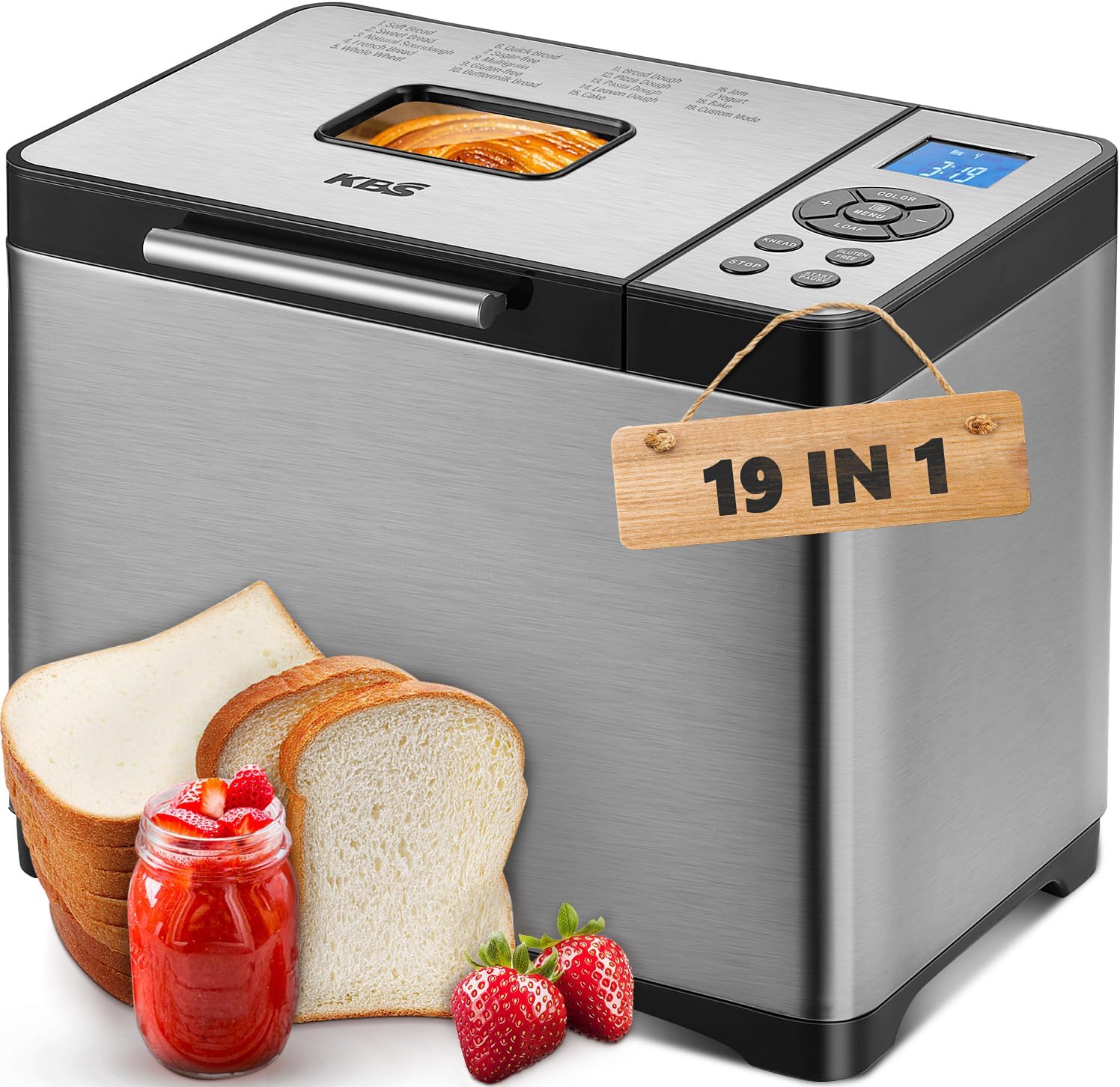 KBS 2LB Bread Maker, 19-in-1 Automatic Bread Machine Stainless Steel with Ceramic Pan,15H Timer&1H Keep Warm, Sourdough, Gluten-Free