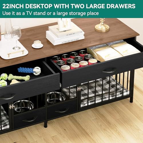 DWVO Double Dog Crate TV Stand with Dog Feeder, 74.8" Wooden Large Dog Kennel with Storage, Double Dog Crate Furniture for 2 Small Medium Dogs, Brown