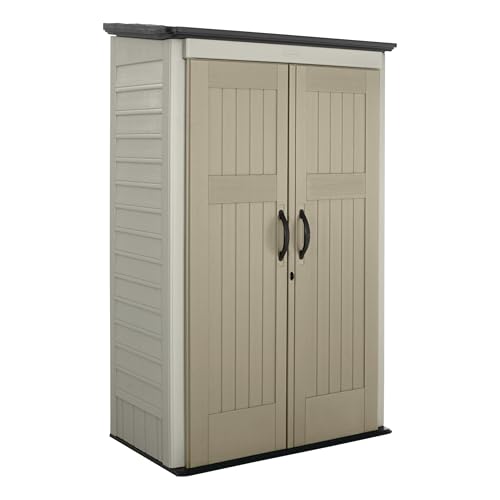 Rubbermaid Vertical Resin Outdoor Storage Shed With Floor (4 x 2.5 Ft) Weather Resistant Beige/Brown Organization for Home/Backyard/Pool
