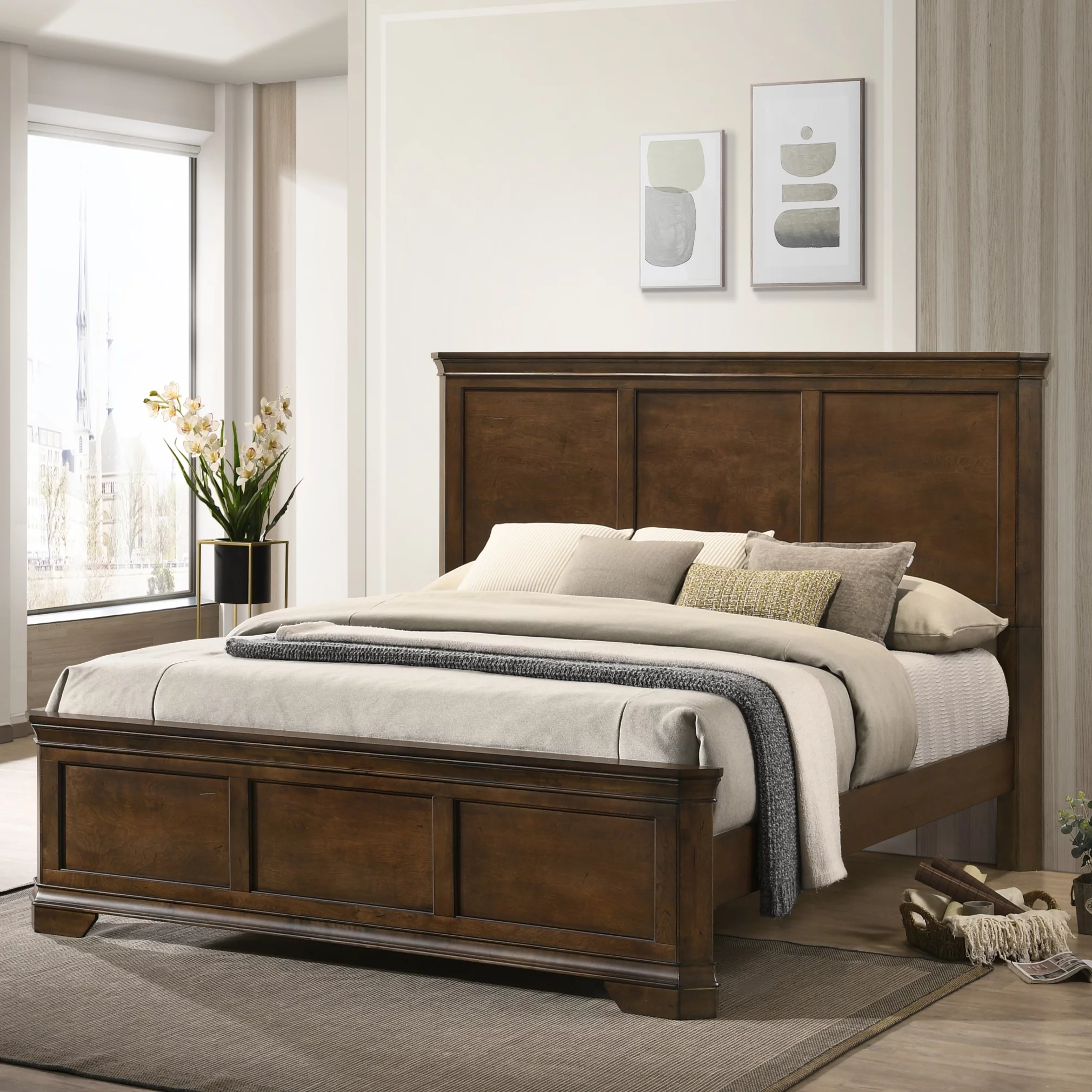 Roundhill Furniture Maderne Traditional Wood Panel Bed, Queen, Antique Walnut Finish