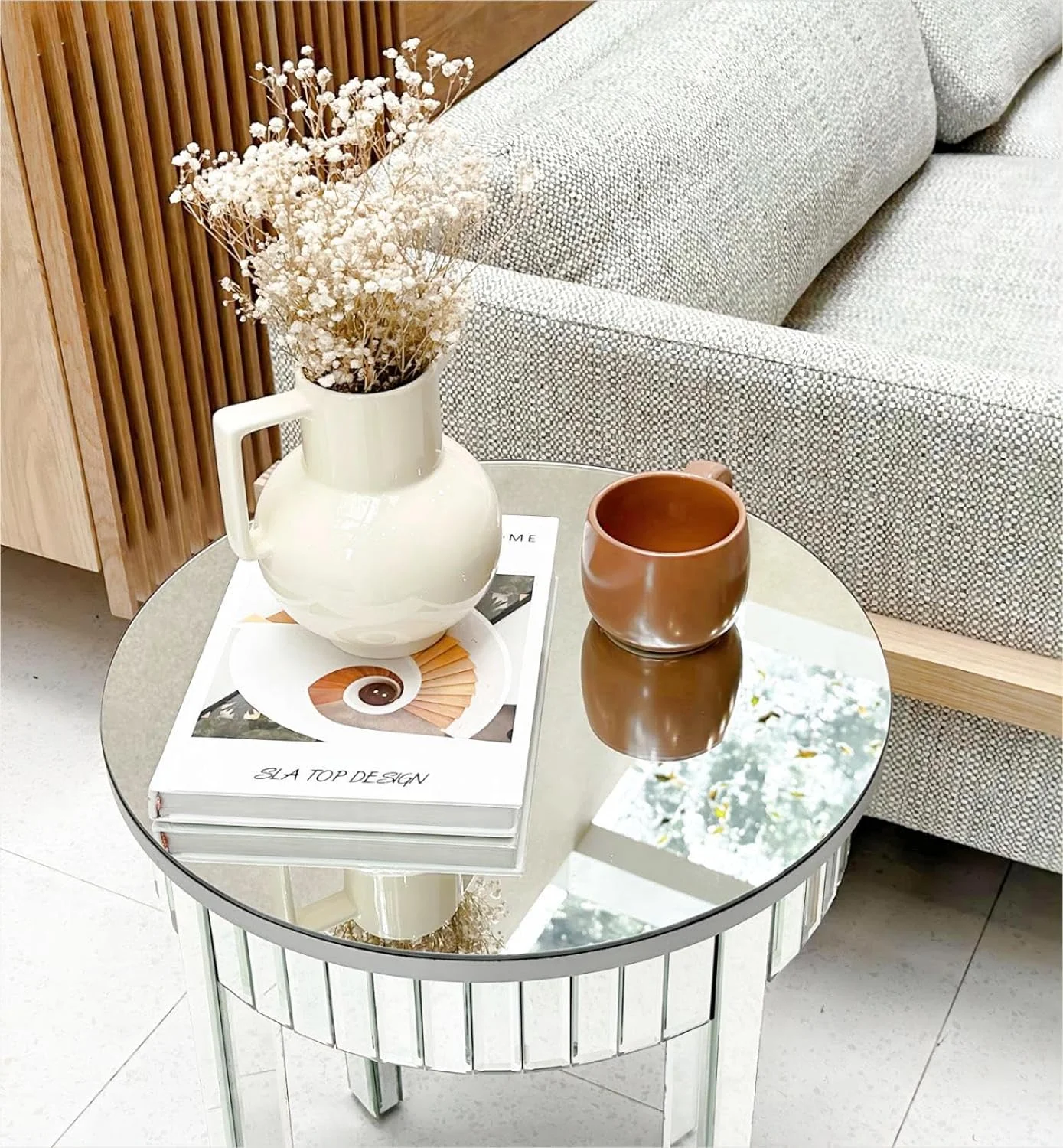 NLIBOOMLife Round Mirrored End Table  17.7 inches Circle Sofa  with Beveled Glass Silver Mirror Edge  Tall Decorative Nightstand Modern Accent Desk