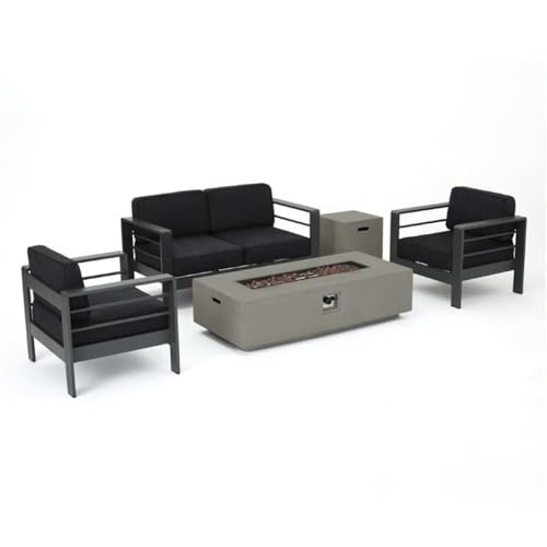 GDFStudio Coral Bay Outdoor Grey Aluminum 5 Piece Loveseat Chat Set with Fire Table (Dark Grey)