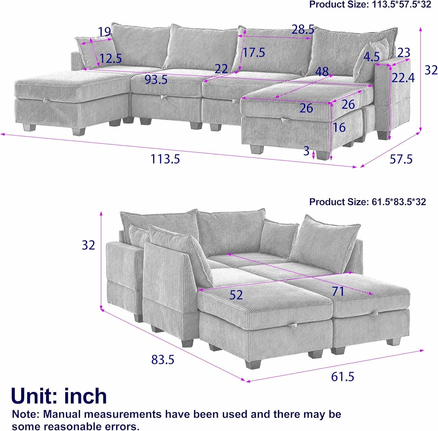 JUSTONE 113.5'' Modular Sectional Sofa with Storage, U Shaped Convertable Sectional Couch with Wide Chaise